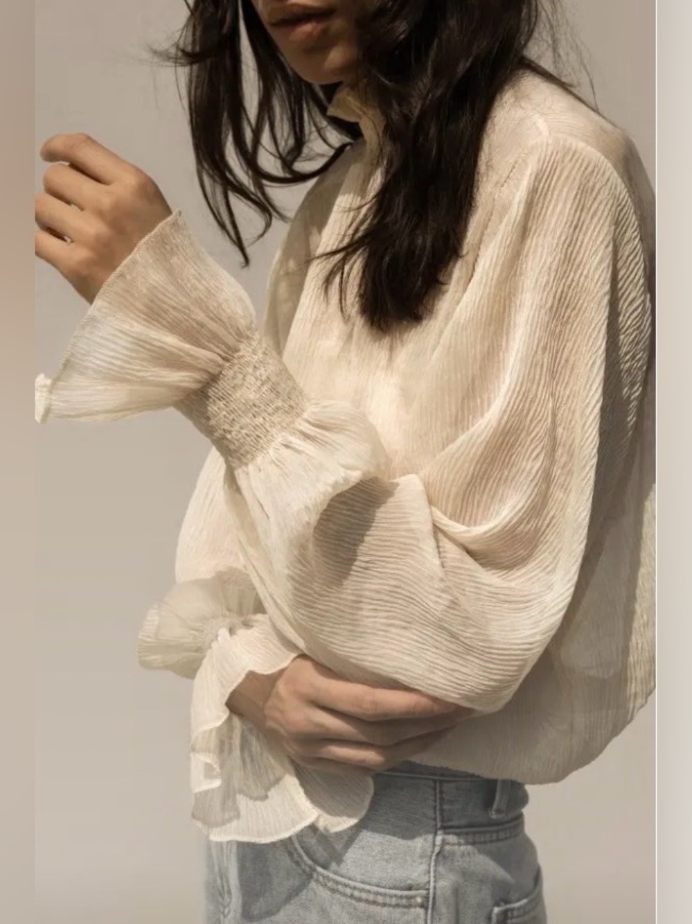 Oak + Fort Crinkled Smocked Neck Long-Sleeve Blouse